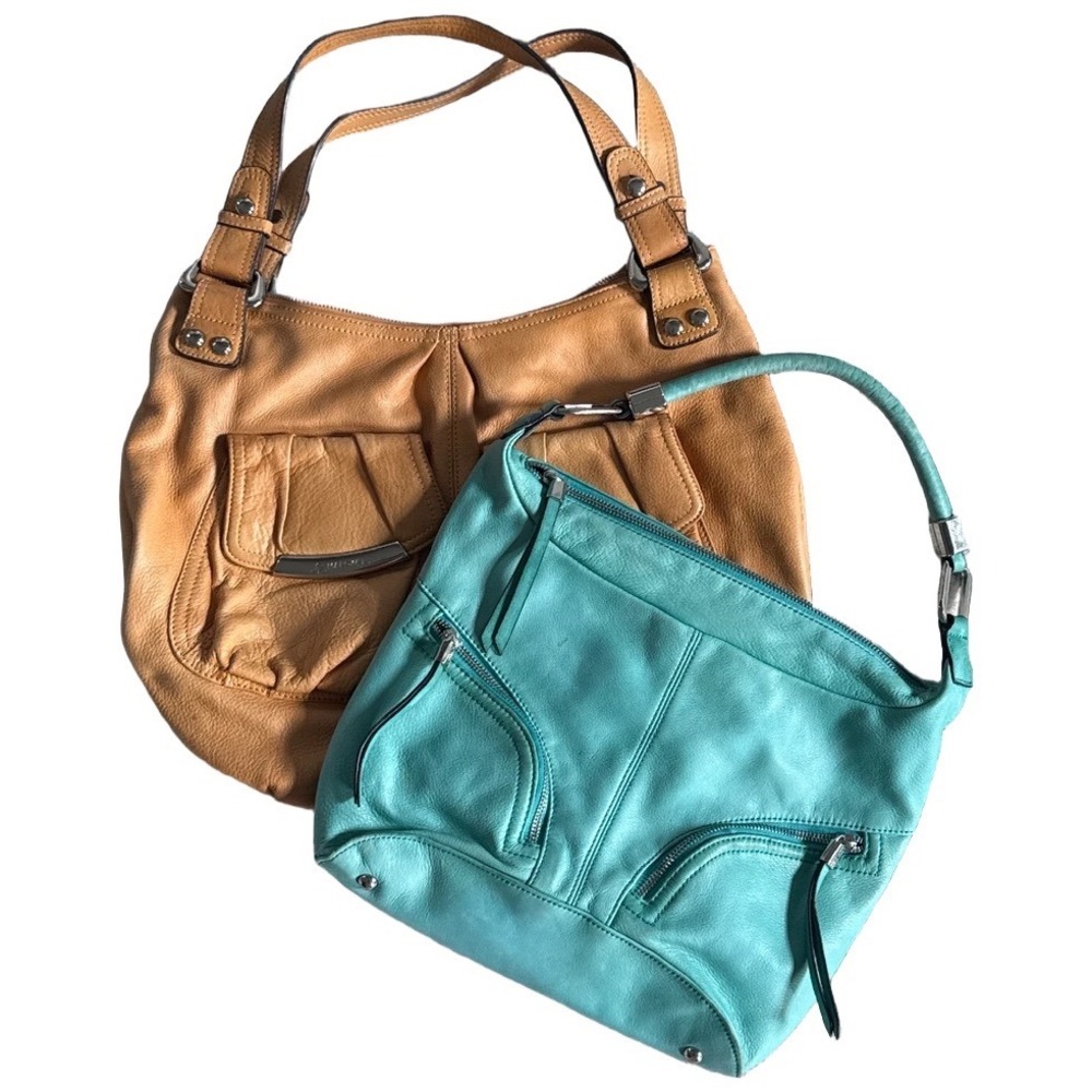 Lot of 2 B. Makowsky Soft Leather Hobo Bag Bundle Tan Turquoise Shoulder Purse